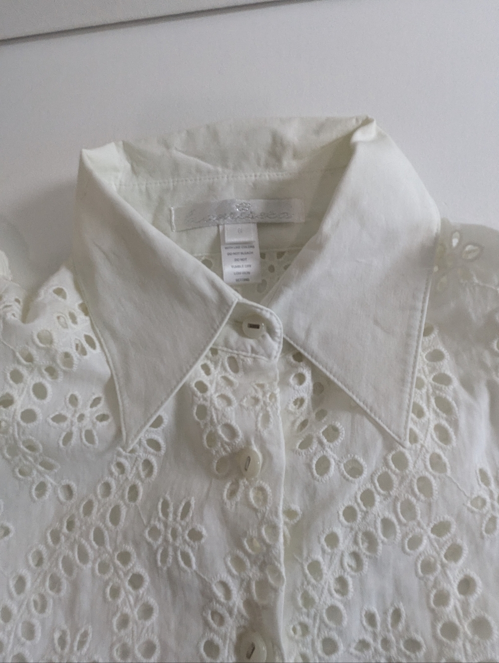 Kamiseta Eyelet Button Down Top Blouse Cream Sz S Puff Sleeve Romantic Lace EUC - Picture 8 of 14